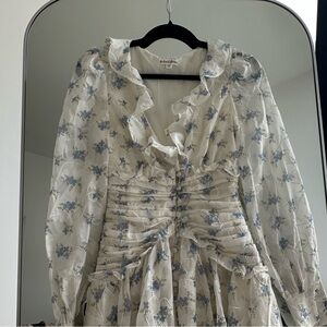 For Love And Lemons Blue and White Floral Long Sleeve Dress